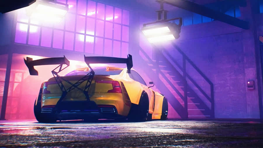 umcarro amarelo numa garagem com luzes de neon.
