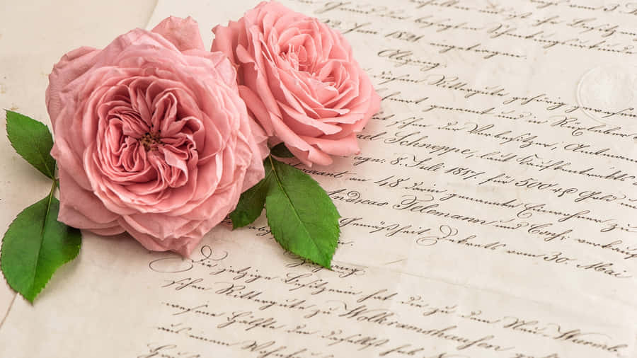 Bellissima lettera d'amore scritta a mano con delicate rose rosa che simboleggiano romanticismo ed emozioni sincere in parole scritte.