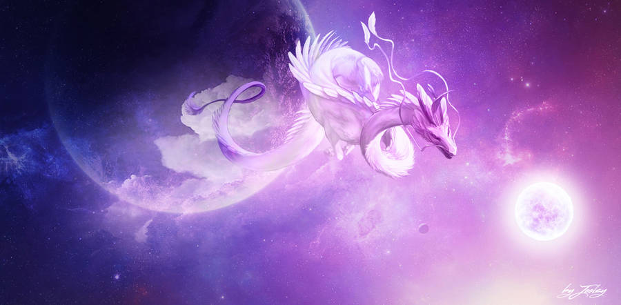 Art fantastique de dragon spatial en fond d'écran violet en écran large.