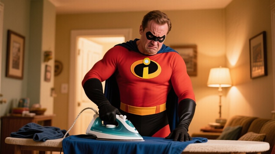 Mr. Incredible utför den vardagliga uppgiften att stryka sin kostym.