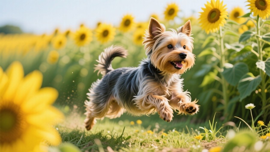 Energico Yorkshire Terrier che corre tra i girasoli, vibrante e gioioso.