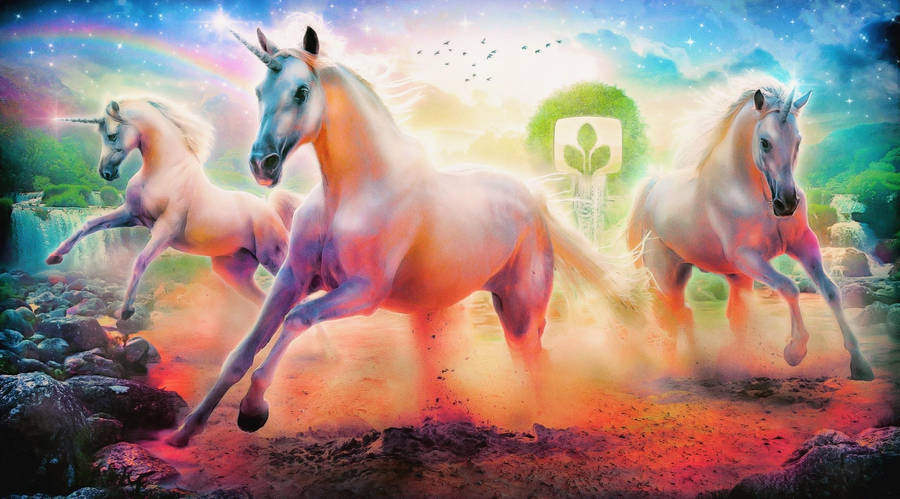 Preview wallpaper unicorns, horse, rainbow, emblem, tree, rocks