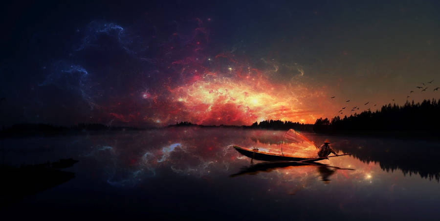 Stunning widescreen kunstschilderij van een visser op het meer onder het kosmische nachtlicht wallpaper.