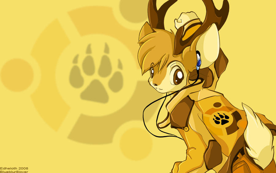Gele furry antropomorfe hert die naar muziek luistert wallpaper.