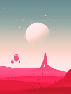 Figuras alienígenas rosadas se ciernen sobre un planeta alienígena estilizado bajo un gran orbe brillante.