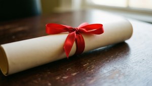 Elegant graduation scroll with red ribbon on dark wood.