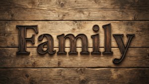 Carved wood family word on rustic background.