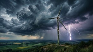 Lone wind turbine on a hill during a storm with lightning.