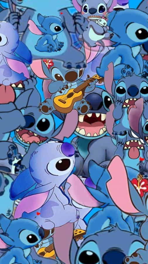 Collage von Stitch, der Ukulele spielt
