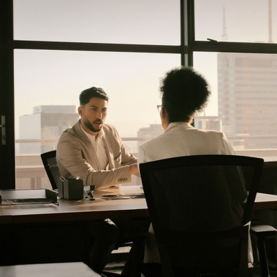 two people sitting at a conference table