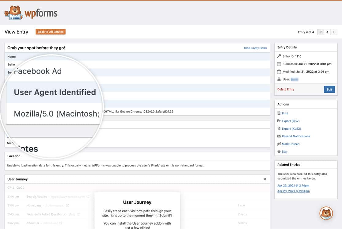 エントリーを表示する際に、隠しフィールド内に取り込まれたユーザーエージェントデータを表示できるようになりました。