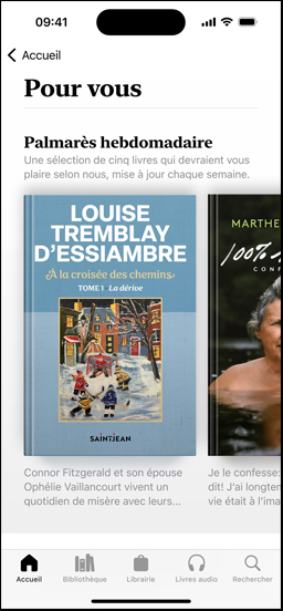 Écran d’un iPhone, affichant l’app Livres, avec la section Pour vous, et la sous-section Palmarès hebdomadaire