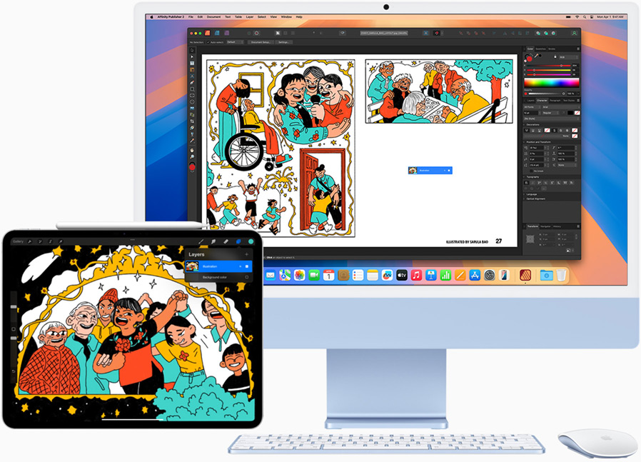 Ein 12,9" iPad Pro und ein iMac zeigen eine Person, die an einem kreativen Projekt arbeitet. Das Hauptprojekt ist auf dem iMac und sie benutzt ihr iPad als zweites Display.