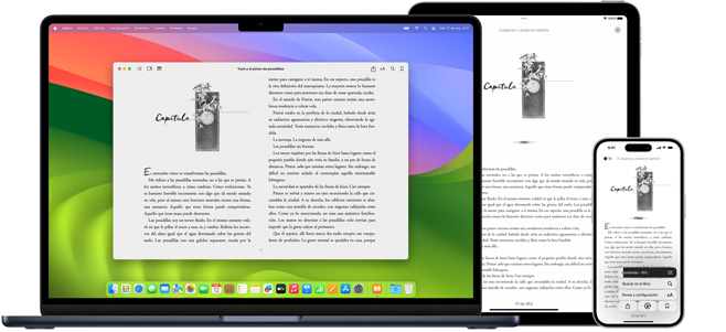 El MacBook Pro y el iPad Air muestran una página del mismo ebook en la app Libros.