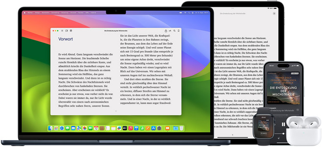 MacBook Pro und iPad Air zeigen eine Seite aus demselben eBook in der Books App. Die Bildschirme von Apple Watch und iPhone 15 zeigen ein Buchcover aus demselben Hörbuch. Ein offenes AirPods Pro Case mit zwei AirPods Pro In‑Ear Kopfhörern.