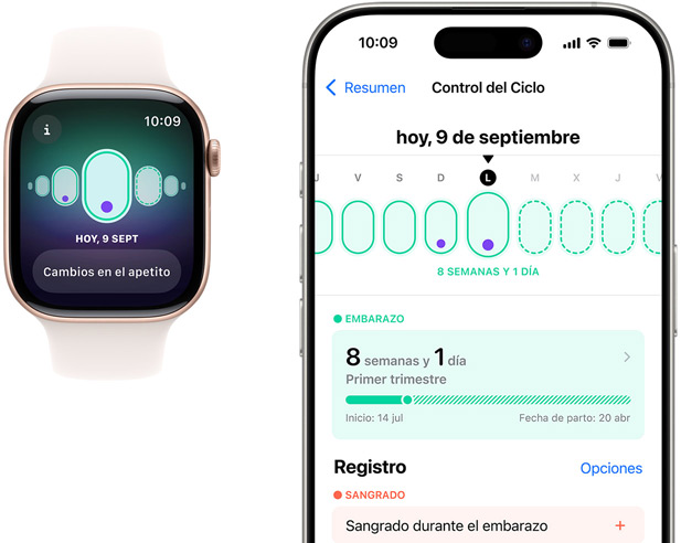 La pantalla de un Apple Watch muestra el seguimiento del embarazo con el síntoma «Cambios en el Apetito». La pantalla de un iPhone muestra la edad gestacional y el seguimiento del embarazo en la app Control del Ciclo.