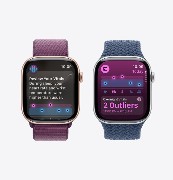 En notifikation om gennemgang af målinger på et Apple Watch Series 10 og appen Vitalparametre, som viser natlige målinger med to afvigelser på Apple Watch Series 10.