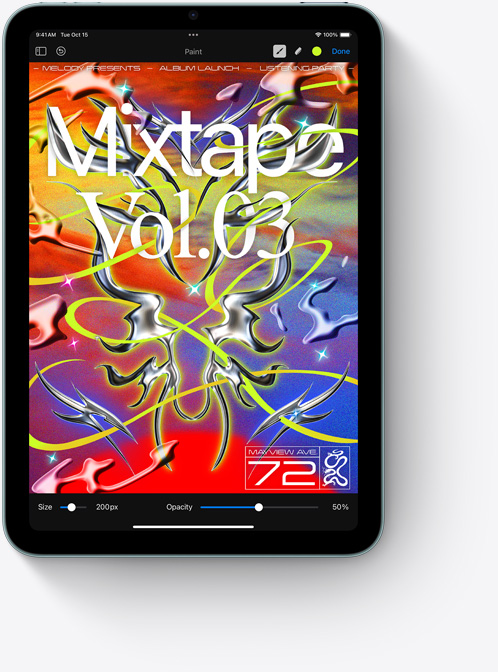 Az iPad mini álló nézetben egy színekben gazdag Pixelmator-képernyőt jelenít meg.