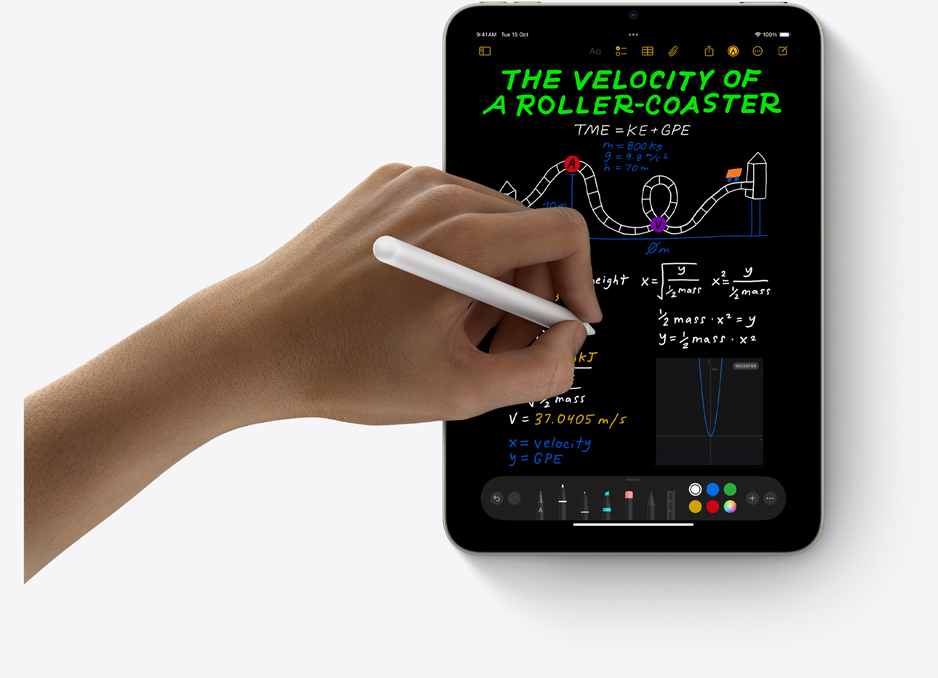 iPad mini in portrait view with a user’s hand using Apple Pencil Pro with Math Notes.