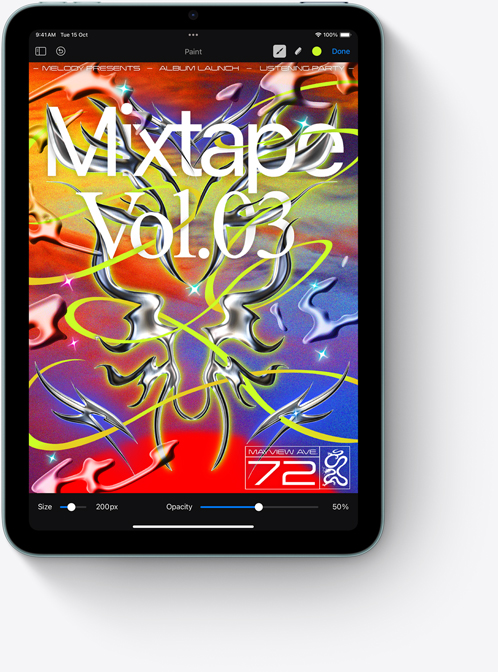 iPad mini shown in portrait view displaying a colourful Adobe Photoshop screen.