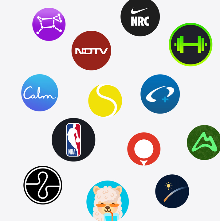 The icons of Apple Watch apps from the App Store. ChargePoint, Yelp, Nike Run Club, SmartGym, Calm, NBA, SwingVision, Oceanic+, WeChat, Waterllama, Golfshot, JetBlue and AllTrails