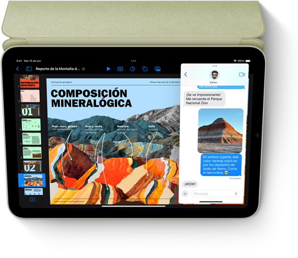 Un iPad mini en horizontal muestra las apps Keynote y Mensajes con Slide Over.