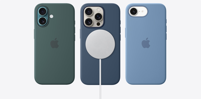 iPhone 16e and iPhone 16 lineup with accessories like various silicone cases and MagSafe Charger.