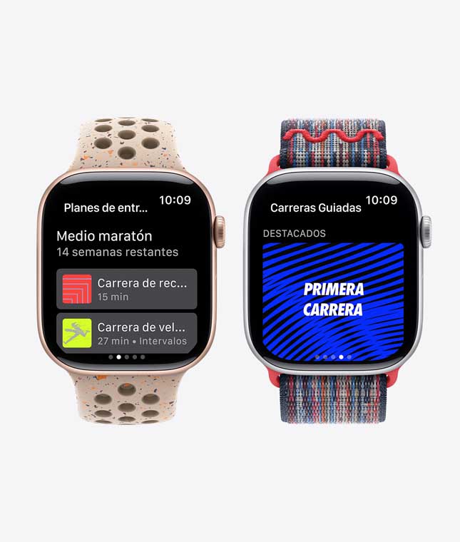 Dos dispositivos Apple Watch que muestran funcionalidades de Nike Run Club como los planes de entrenamiento y Carreras Guiadas