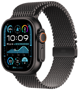 Un Apple Watch Ultra 2 con caja de titanio negro y correa Trail negra.