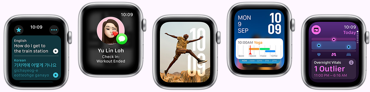 Five Apple Watch devices showing screens including Translate app, Check In app, Photos face, Modular watch face and Vitals app