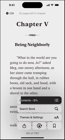 iPhone screen displaying a book page in the Books app. Overlaid on the book page, options for enlarging text, Search Book, and Themes & Settings on the screen are shown