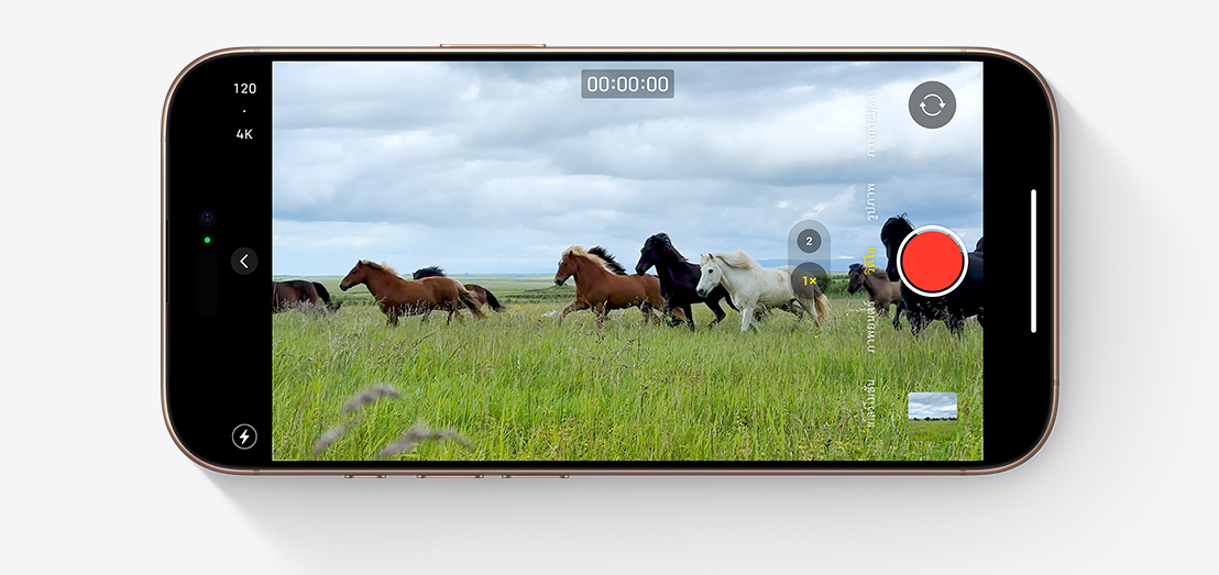 iPhone 16 Pro showing camera app with static screen of horses running, taken in 4K 120 fps Dolby Vision.