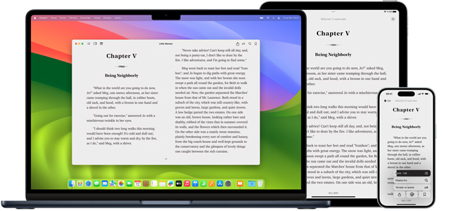 MacBook Pro ve iPad Air, Books uygulaması üzerinden aynı e-kitabın bir sayfasını gösteriyor. Apple Watch ve iPhone 15 ekranlarında aynı sesli kitabın kapağı görünüyor. Her iki AirPods Pro kulaklığını içinde gösteren açık bir AirPod Pro kutusu