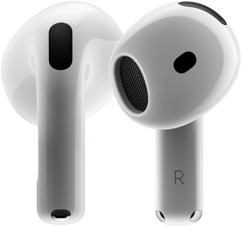 Dvije slušalice AirPods 4 koje se vrte jedna oko druge i zaustavljaju pod različitim kutovima.