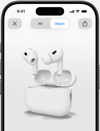 Zaslon iPhonea na kojem se slušalice AirPods Pro prikazuju u proširenoj stvarnosti.