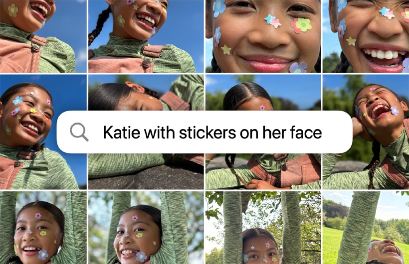 根據搜尋提示「Katie with stickers on her face」，顯示多張相片，以格狀方式排列。