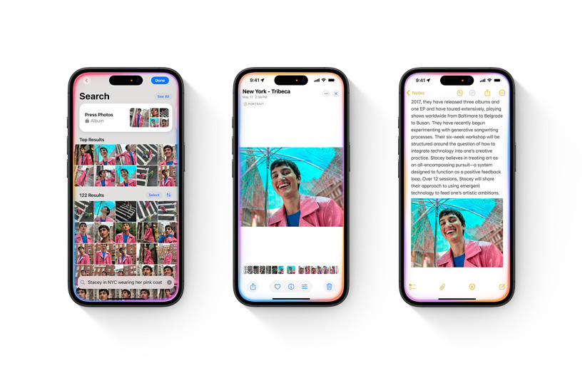 iPhone 顯示相片圖庫，以及搜尋描述。第二部 iPhone 打開了一張從搜尋結果中選出的相片。第三部 iPhone 顯示該相片整合至備忘錄 app 中的筆記。