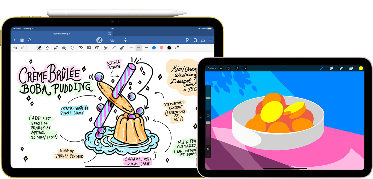 Lijevo, iPad 10. generacije, pejzažna orijentacija, prikazuje grafiku s bilješkama i crtež s olovkom Apple Pencil USB-C pričvršćenom na vrhu. Desno, iPad mini, pejzažna orijentacija, prikazuje živopisnu ilustraciju napravljenu u aplikaciji ProCreate.