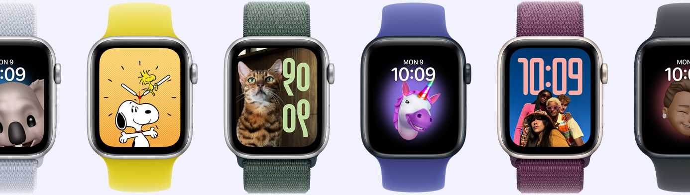 Šesť hodiniek Apple Watch zobrazuje výber ciferníkov vrátane ciferníkov Memoji, Fotky, Portréty a Snoopy