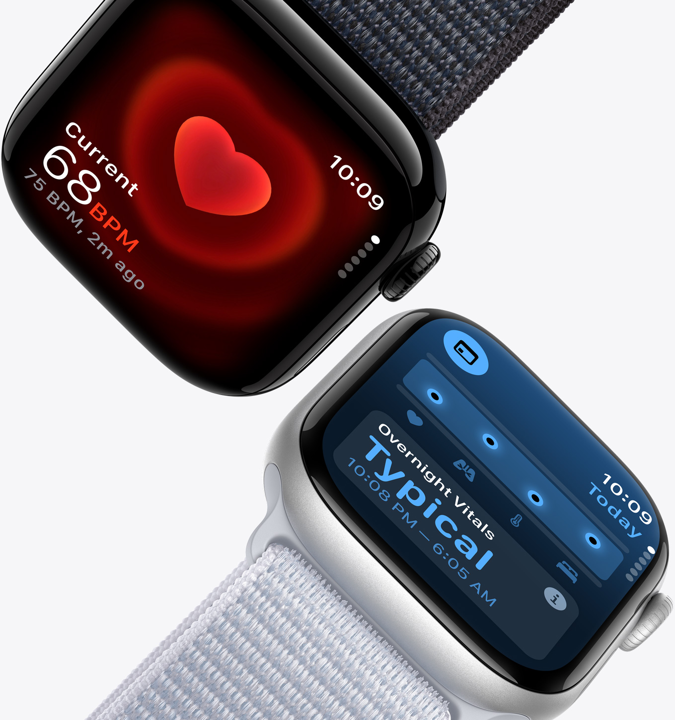 Aplikacija Puls na Apple Watchu Series 10 prikazuje trenutačni broj od 68 otkucaja srca u minuti, a aplikacija Vitalni podaci prikazuje tipična noćna očitanja na Apple Watchu Series 10.