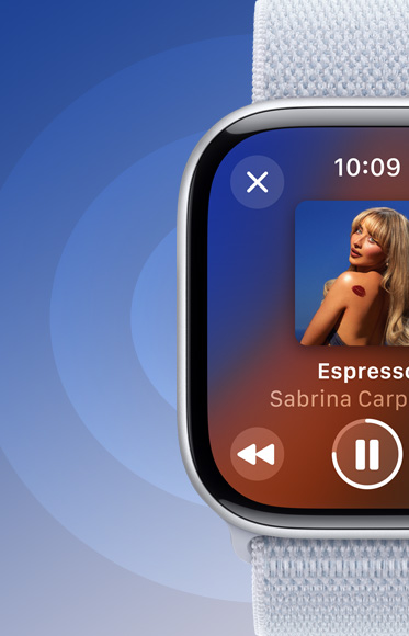 En sang afspilles via appen Musik på Apple Watch Series 10 for at illustrere, at det er muligt at afspille lyd via højttaleren.