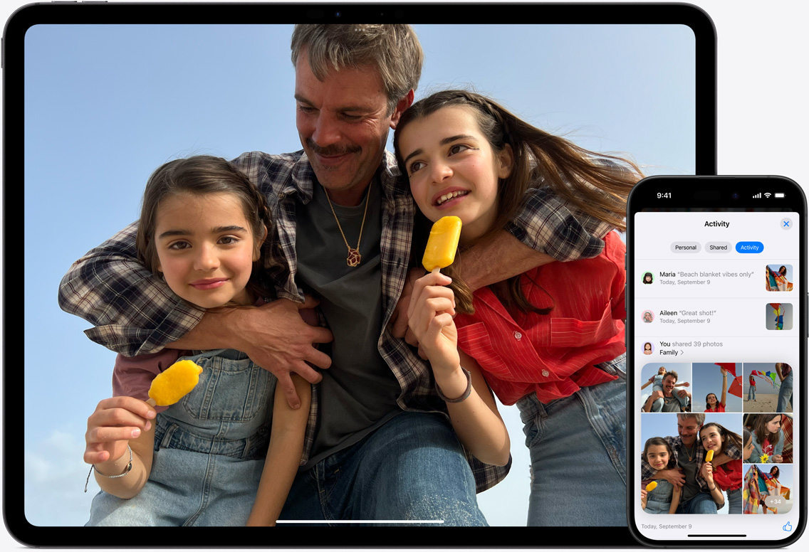 iPad and iPhone screens of iCloud Photos featuring images of a father with his two daughters at the beach