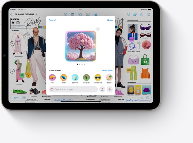 Ein iPad mini zeigt Image Playground, ein neues Apple Intelligence Feature, das in Freeform verwendet wird.