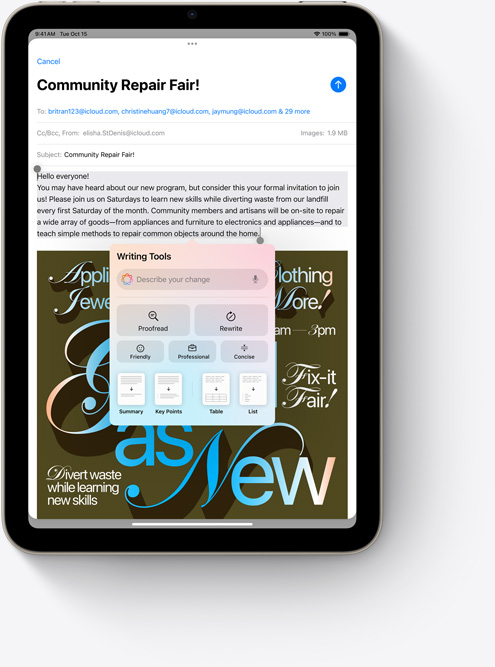 Egy iPad minin az új Apple Intelligence-funkció, az Íráseszközök használata figyelhető meg a Mailben.