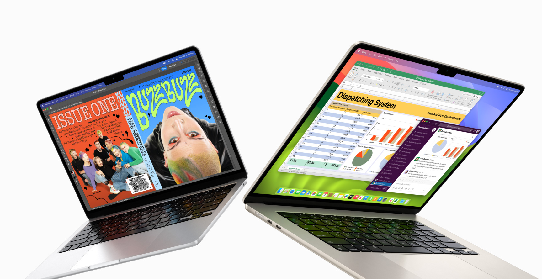 Partially open 13-inch MacBook Air on left and 15-inch MacBook Air on right. 13-inch screen shows colorful ‘zine cover created with In Design. 15-inch screen shows Microsoft Excel and Slack.