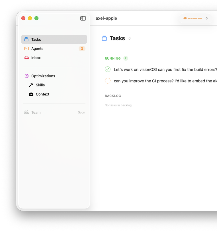 Axel task queue showing running tasks