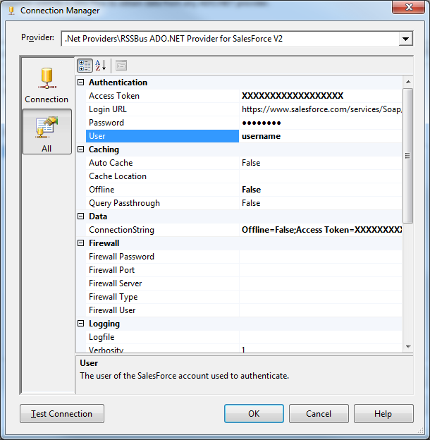 Connection properties in the Connection Manager dialog. (Salesforce is shown.) Connection properties in the Connection Manager dialog. (Salesforce is shown.)