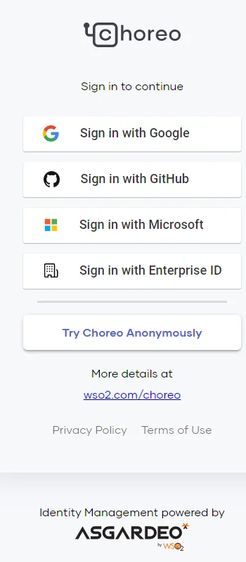 Displaying Choreo landing page