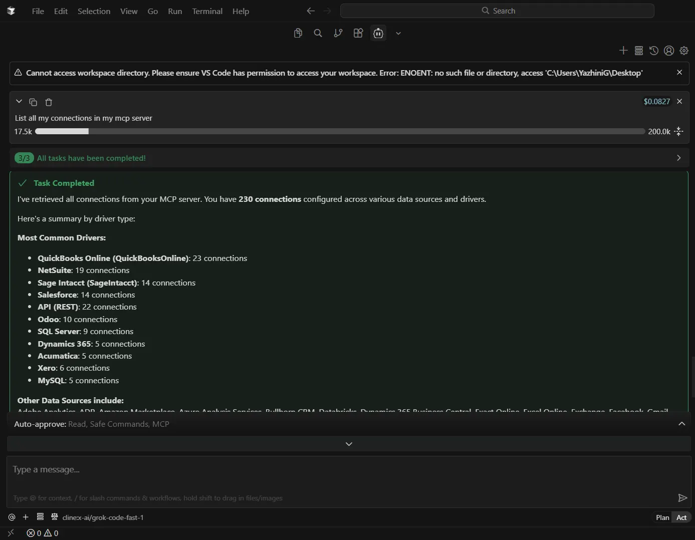 Sample output from querying through the MCP server