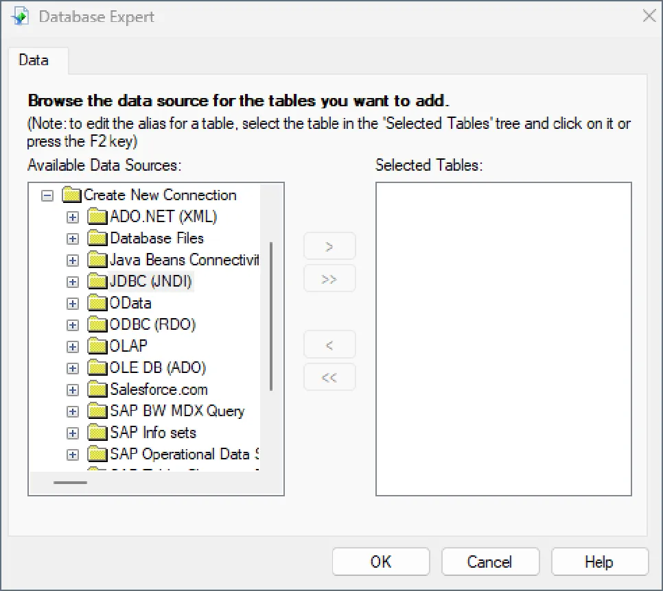 Selecting the JDBC data source. Selecting the JDBC data source.